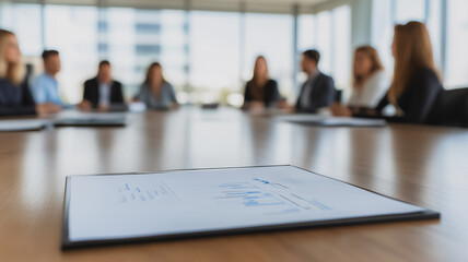 Poster - Business meeting documents on table with blurred businesspeople in background.
