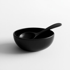 Wall Mural - Black bowl and spoon on white background