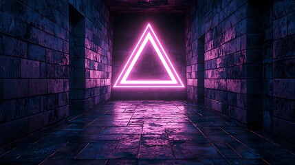 Wall Mural - Glowing pink triangle in dark stone corridor.  Cyberpunk background for gaming or sci-fi design.