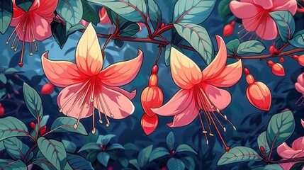 Poster - A vibrant illustration of pink flowers and green leaves in a lush, colorful environment.