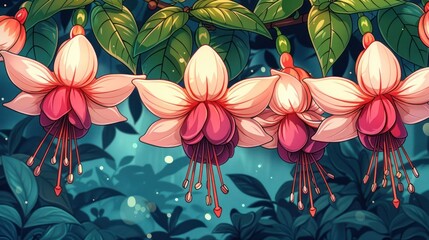 Poster - A vibrant illustration of fuchsia flowers surrounded by lush foliage and soft lighting.