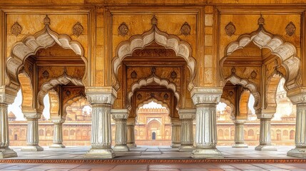 Indian Palace Colonnade, Architectural Detail, Historic Site, Foggy Morning