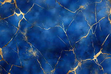 Poster - Elegant blue watercolor background with golden veins and cracked marble texture – Hand-painted brush strokes for luxury designs, prints, and invitations