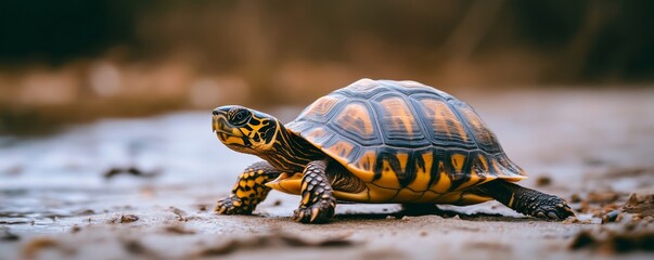 Poster - Turtle walking on sandy pathway, vibrant shell patterns. Nature and wildlife photography concept