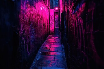 Wall Mural - Neon-lit urban alleyway, graffiti, night, city, background blur, urban exploration photography