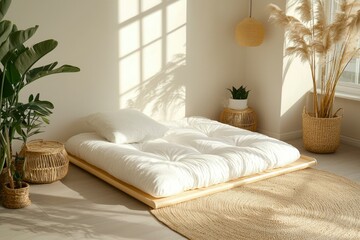 Wall Mural - Minimalist white futon in sunlit living room for relaxation and home design ideas