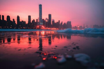 Wall Mural - City skyline reflects in beach water during sunset, tranquil cityscape background