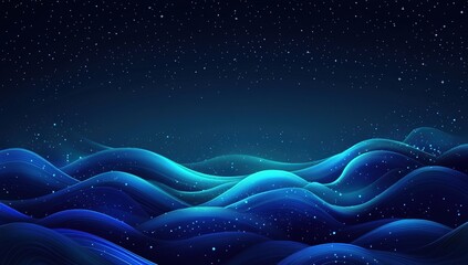 Poster - Glowing Blue Waves Under Night Sky: Abstract Art Background, Seamless Loop Animation