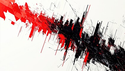 Poster - Abstract Red and Black Cityscape Explodes with Energy and Chaos, Dynamic Urban Sprawl in Bold Strokes