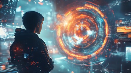 Poster - Young boy stands before a vibrant with futuristic digital interface, his gaze fixed on the swirling patterns and glowing lights For scene is a captivating blend of technology and intrigue Concept.