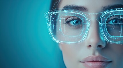 Poster - Close-Up of a Person Wearing Innovative Glasses with Digital Interface Elements against a Blue Background