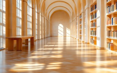 Aufkleber - Spacious and Bright Interior of a Modern Library with Arch Doorways and Sunlight Streaming Through Windows