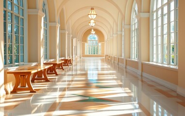 Poster - Serene Hallway with Elegant Arched Windows and Natural Light in Luxurious Indoor Space