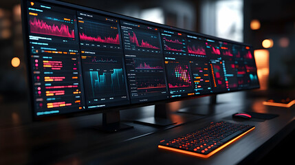 Poster - Multiple Monitors Displaying Data Graphics In Dark Office