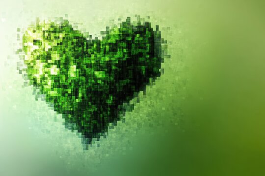 Green pixelated heart floats against a gradient green background
