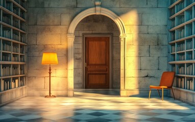 Poster - Cozy Reading Nook with Warm Light and Wooden Door in a Vintage Library Setting
