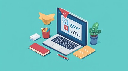 Poster - Isometric illustration of a laptop with an email notification For surrounded by office supplies on a desk Concept.