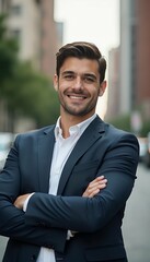 smiling looking man ng crossed camera arms businessman confident outdoors a city male young person man portrait adult attractive guy happy outside caucasian smile cheerful looking model confidence