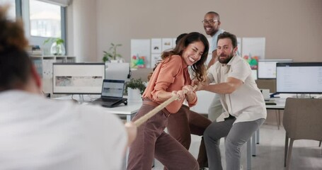 Poster - Happy people, rope or team building with game for competition, activity or challenge at office. Diversity, collaboration or communication with string for fun battle, company contest or tug of war