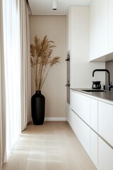 Wall Mural - Modern kitchen vase with pampas grass near window. Interior design promotion