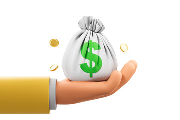 Poster - Hand holding a white money bag with a green dollar sign, accompanied by floating gold coins, isolated on a white background. Financial security concept. 3D Rendering.