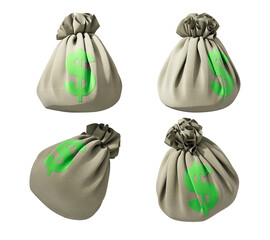 Poster - Four money bags with green dollar signs isolated on white background. Symbolizing wealth, savings, deposit, and financial security. 3D Rendering