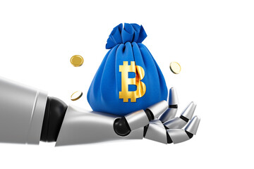 Poster - Metallic robot hand holding a blue bag with a golden bitcoin symbol, surrounded by gold coins, isolated on a white background. Concept of secure crypto storage. 3D Rendering.
