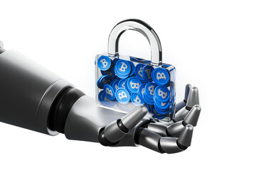 Poster - A robotic hand holds a transparent padlock filled with blue Bitcoin tokens, symbolizing crypto security and protection. Isolated on a white background. 3D Rendering