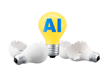 Poster - Yellow AI lightbulb among broken white bulbs, isolated on white background. Concept of artificial intelligence, innovation, and breakthrough ideas. 3D Rendering