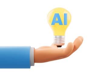 Poster - Hand holding a yellow glowing lightbulb with AI text, symbolizing artificial intelligence innovation, on a white background. 3D Rendering