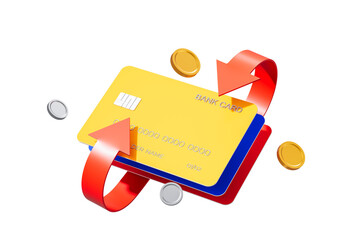 Poster - Cashback concept with credit and debit cards, red arrows, and floating coins on a white background. Financial transaction and online shopping theme. 3D Rendering
