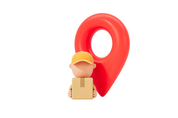 Poster - 3D render of a courier holding a package in front of a red location pin, isolated on a white background. Concept of delivery, tracking, and logistics. 3D Rendering.
