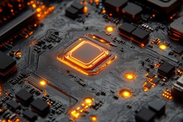 Poster - A computer chip with a glowing yellow square on it. Background Isolate of teachnology.