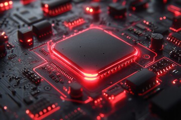 Poster - A computer chip with a red light on it. Background Isolate of teachnology.