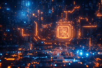 Poster - A computer chip is shown in a blue and orange background. Background Isolate of teachnology.