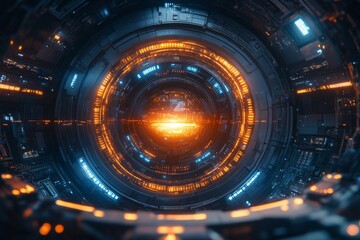 Poster - A computer generated image of a glowing orange object in the center of a circle. Background Isolate of teachnology.