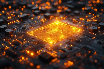 Poster - A computer chip is lit up in orange. Background Isolate of teachnology.