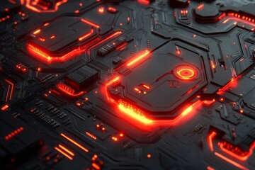 Poster - A close up of a circuit board with red lights. Background Isolate of teachnology.