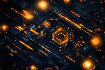 Poster - A computer chip with many small lights on it. Background Isolate of teachnology.
