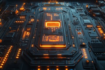 Poster - A computer chip with a yellow square in the middle. Background Isolate of teachnology.