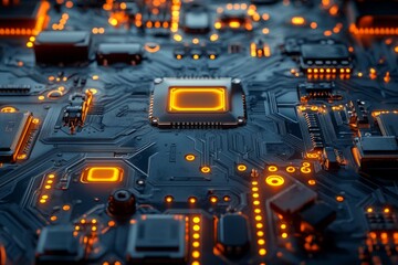 Poster - A computer chip with a yellow square on it. Background Isolate of teachnology.