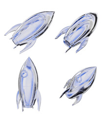 Poster - Transparent glass rocket models shown from different angles, isolated on a white background. Concept of future, growth, and startup innovation. 3D Rendering
