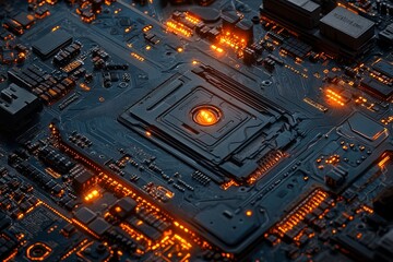 Poster - A computer chip with a glowing center. Background Isolate of teachnology.
