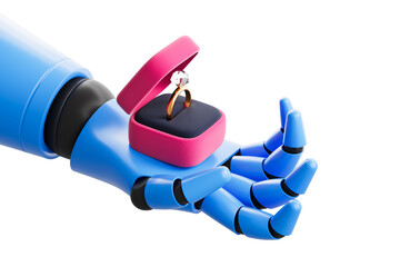 Poster - Blue robotic hand holding an open pink ring box with a diamond engagement ring inside, isolated on white background. Concept of technology and romance. 3D Rendering