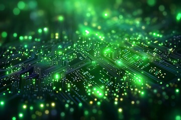 Poster - A green computer chip with many small lights on it. Background Isolate of teachnology.
