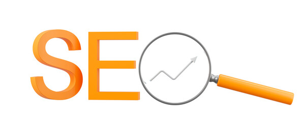 Poster - SEO concept with orange 3D letters and a magnifying glass showing a growth chart, isolated on a white background, symbolizing search optimization and analytics. 3D Rendering.