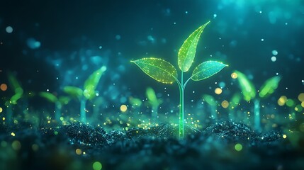 Canvas Print - Glowing plant seedling emerging from dark soil, surrounded by smaller sprouts.