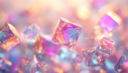 Poster - Floating Crystals: Iridescent Cubes Dance in Light, Shimmering Pastel Dreamscape. Abstract Art.