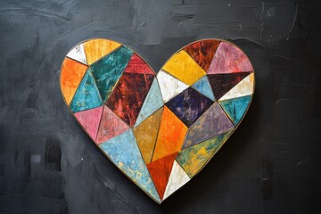 Wall Mural - Multicolored geometric pattern forms heart shape on dark background