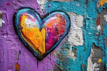 Wall Mural - Colorful heart graffiti on a weathered and peeling wall